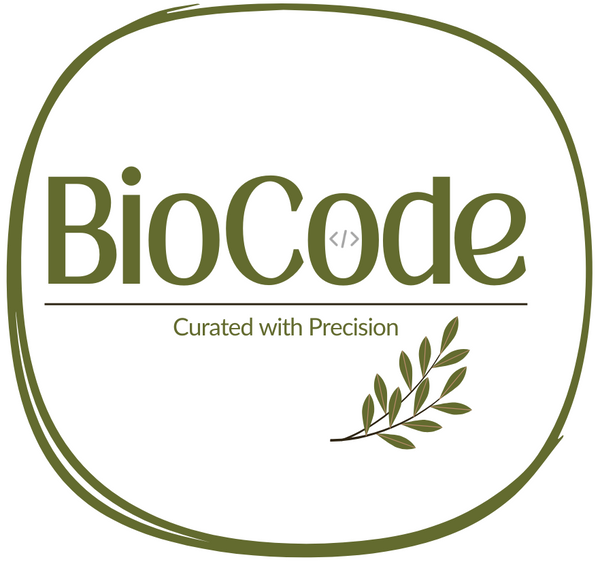 BioCode logo in olive green on a white background, with the text 'Curated with Precision' and a small olive branch illustration inside an oval border.