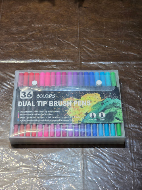 BioCode 36-piece dual tip brush pen set in a transparent carry case featuring fine and brush tips for art projects.