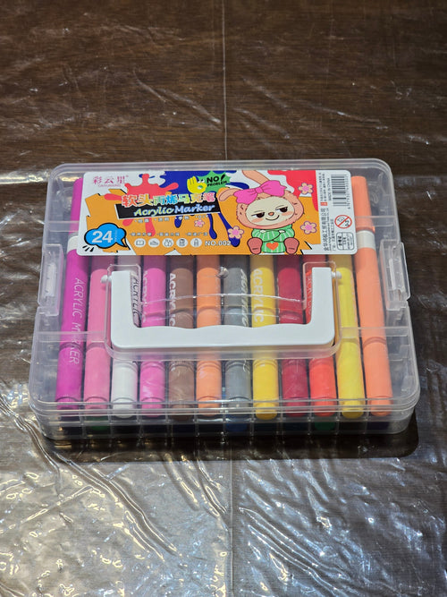 BioCode 24-piece acrylic marker set in a clear plastic carrying case with a handle, featuring vibrant assorted colours.