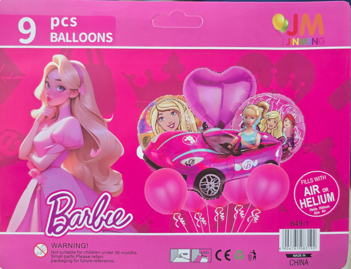 BioCode Barbie 9-piece balloon set featuring a pink convertible foil balloon, heart shapes, and character designs.