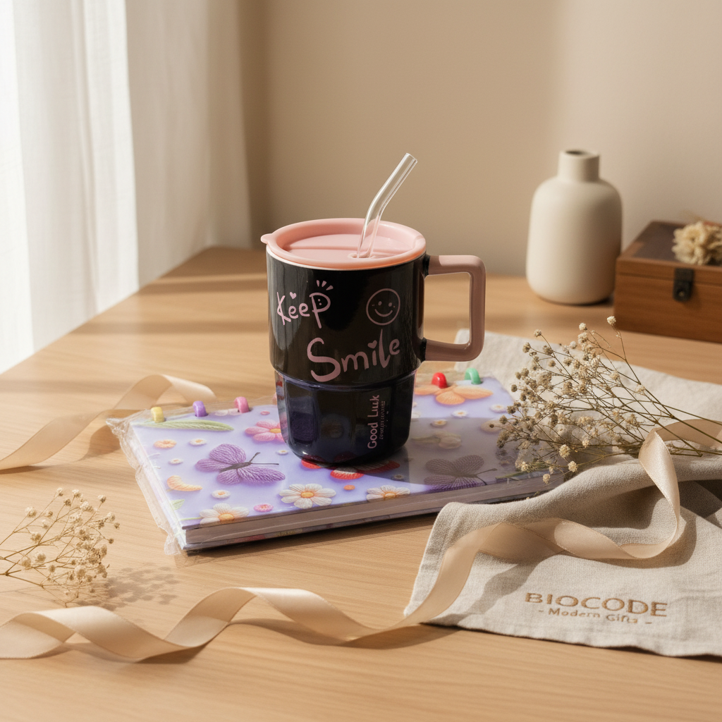 Ceramic Drinking Mug and Butterfly Patterned Notebook