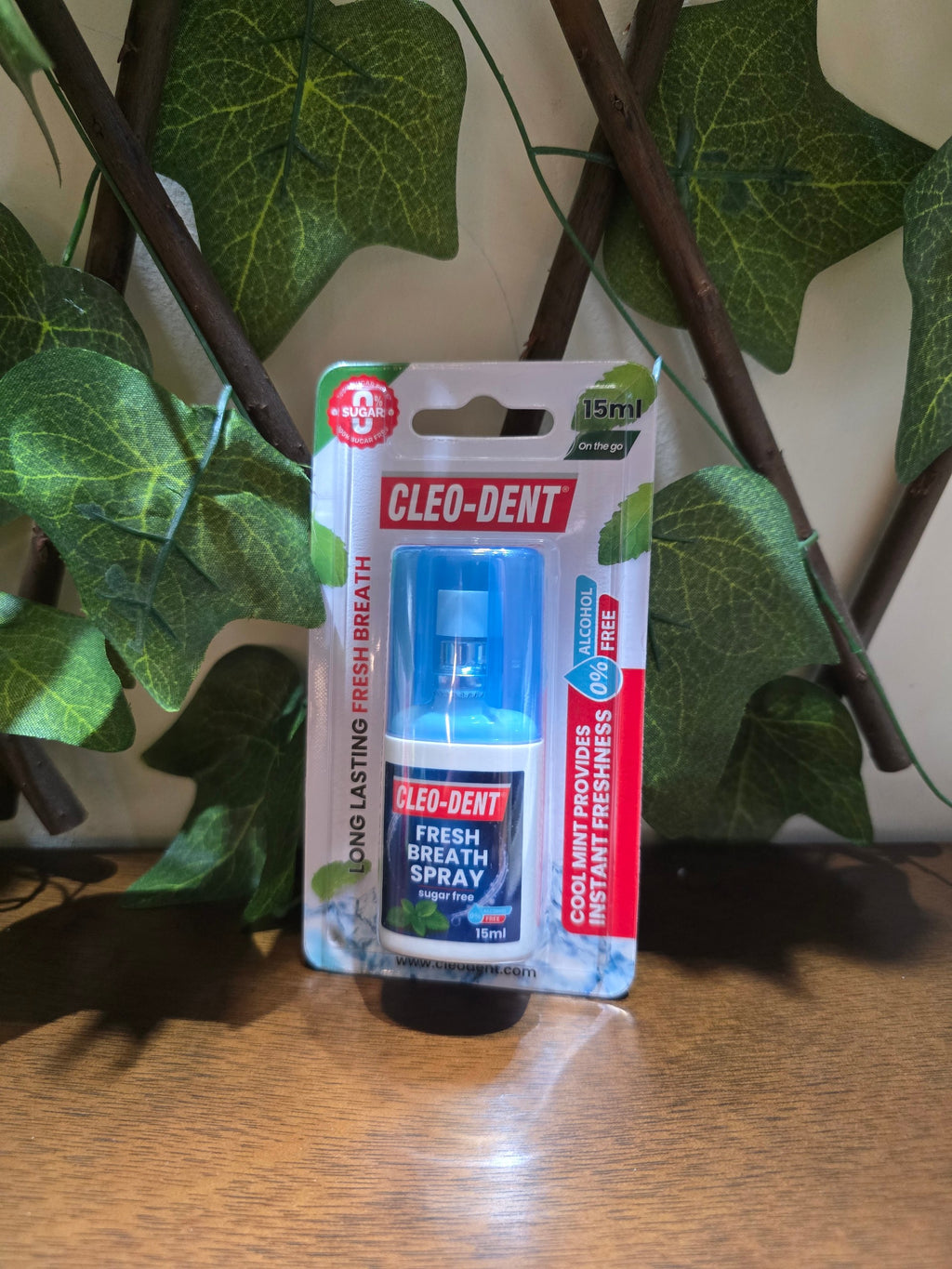BioCode Cleo-Dent cool mint sugar-free breath spray in 15ml travel-sized blister packaging