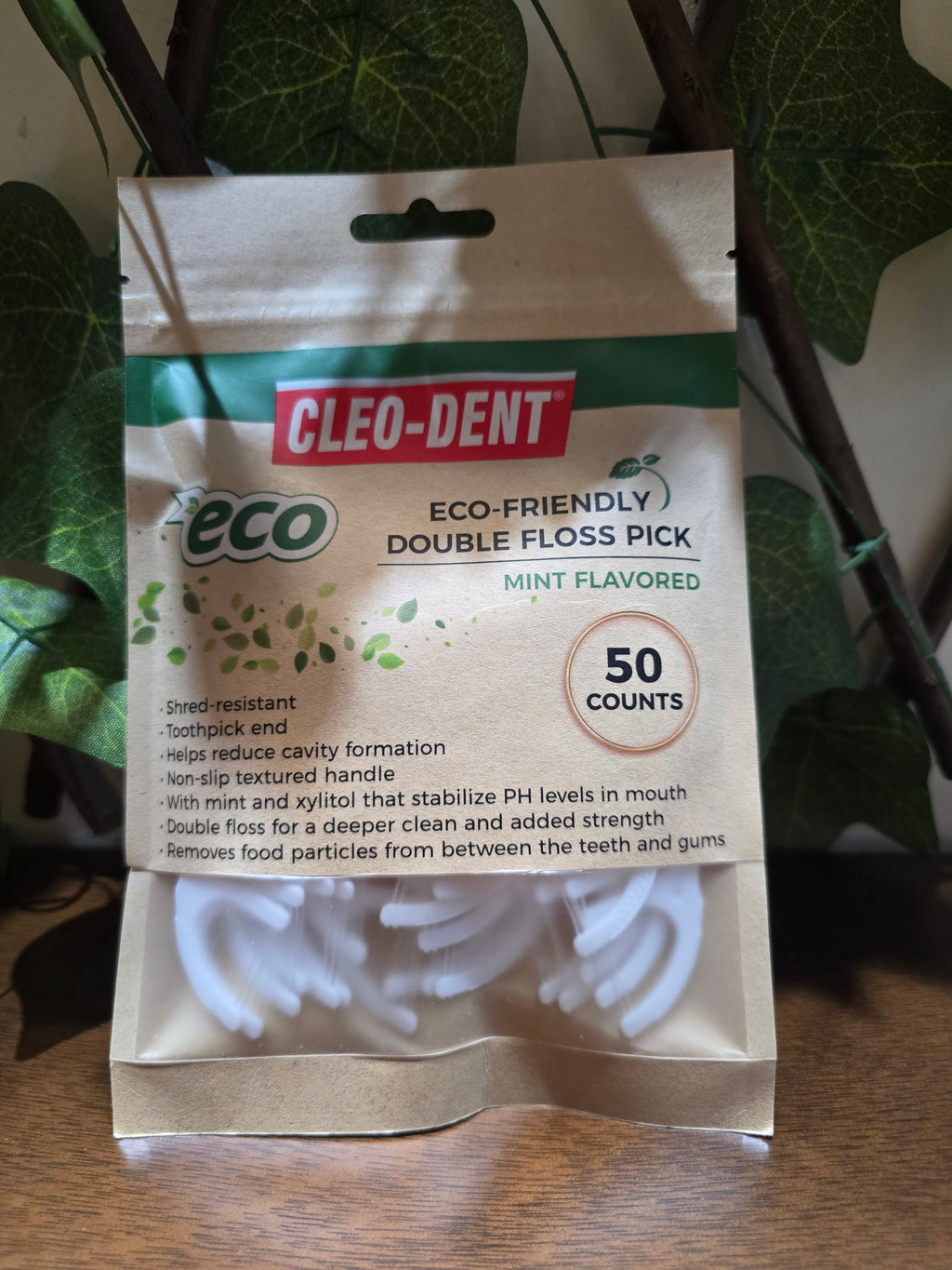 BioCode Cleo-Dent eco-friendly mint flavoured double floss picks in a 50 count kraft paper pouch