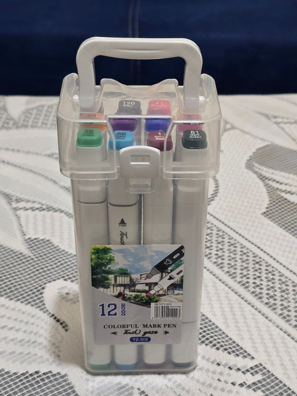 BioCode 12-piece dual tip professional marker pen set in a portable transparent carrying case with handle