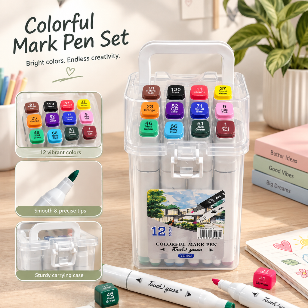BioCode 12-piece dual tip marker pen set in a transparent carrying case with vibrant ink colours for artists
