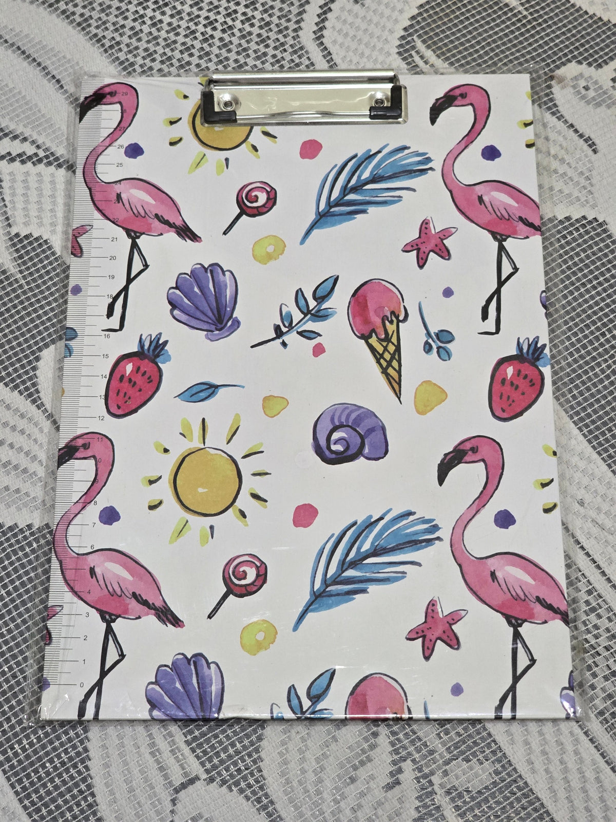 BioCode A4 clipboard featuring a vibrant flamingo, ice cream, and seashell pattern with a built-in side ruler.