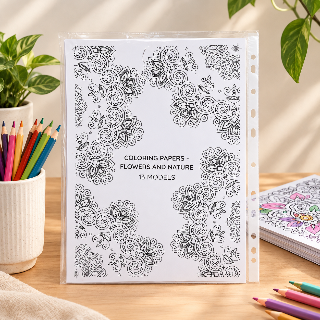 BioCode flowers and nature themed adult colouring paper sheets with intricate mandala designs in a protective sleeve.