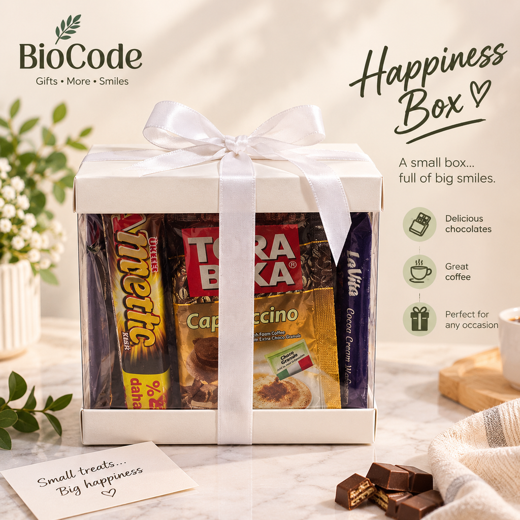 BioCode Happiness Box gift set featuring assorted chocolates and cappuccino in a white box with a white ribbon.