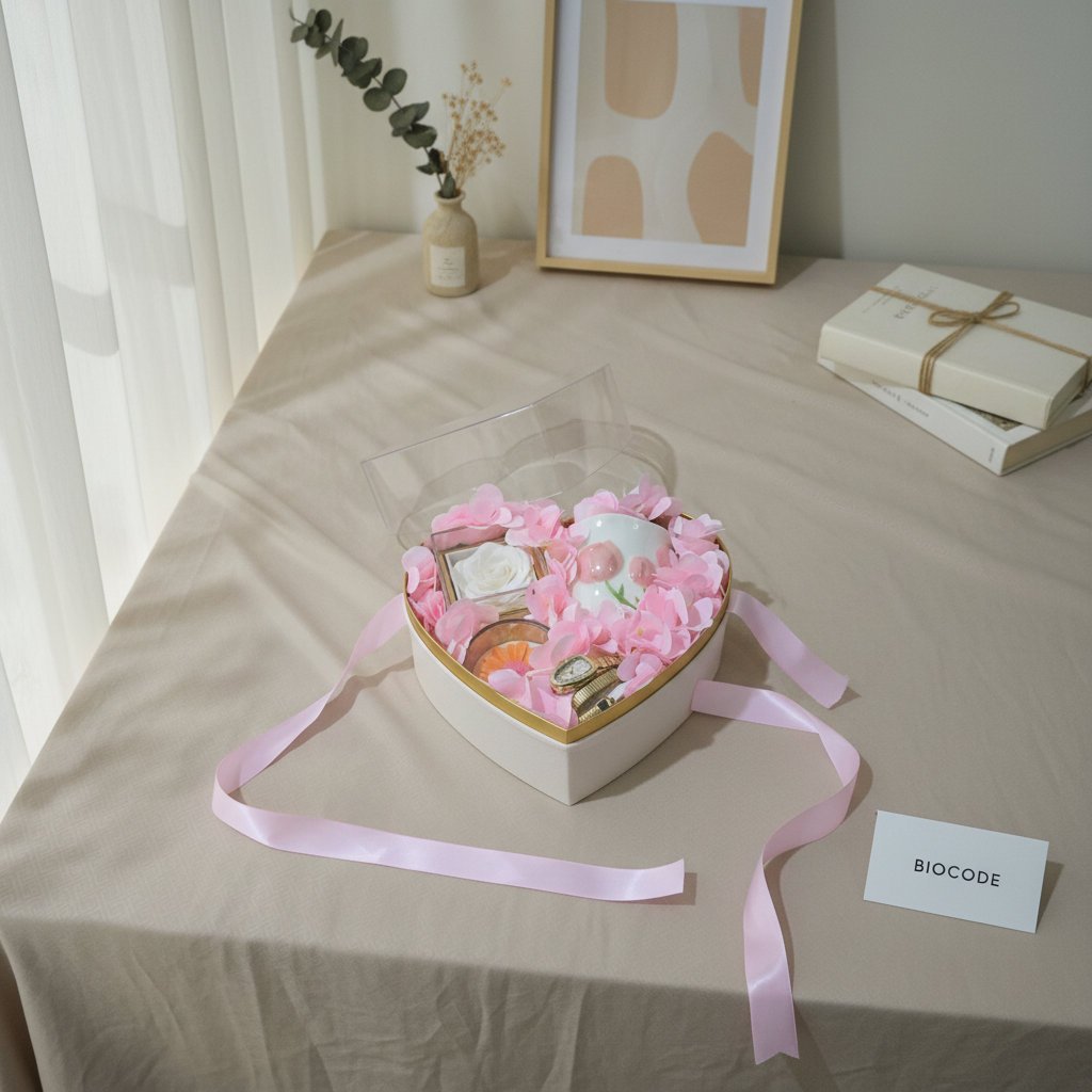 Heart Shaped Gift Box With Floral Arrangement And Accessories