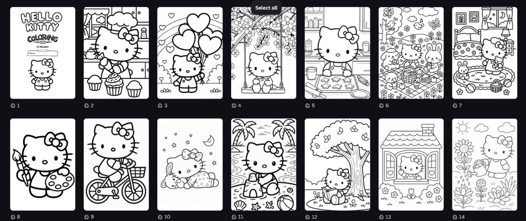 BioCode Hello Kitty colouring book featuring 13 unique black and white activity pages for children