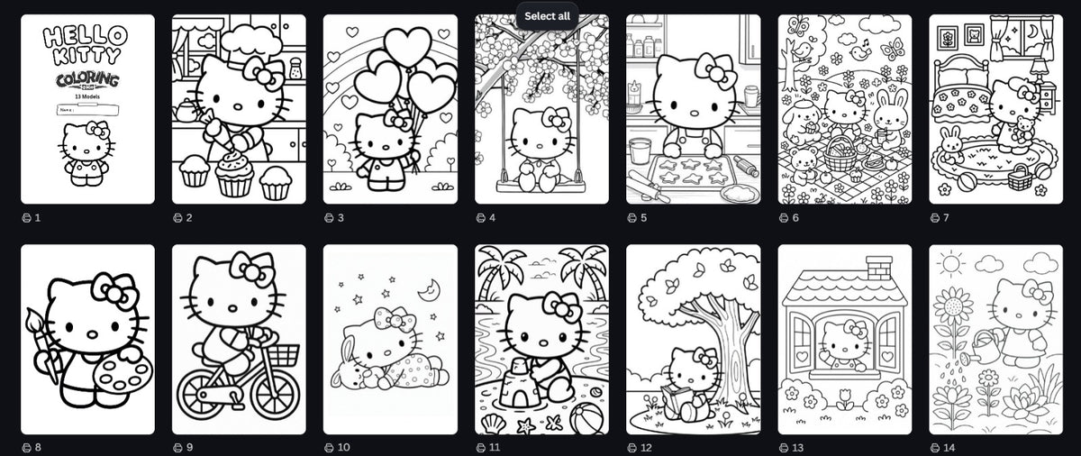 BioCode Hello Kitty colouring book featuring 13 unique black and white activity pages for children