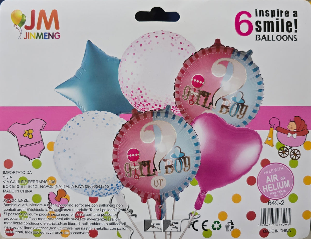BioCode JINMENG gender reveal balloon set featuring pink and blue foil stars, hearts, and confetti-filled balloons.