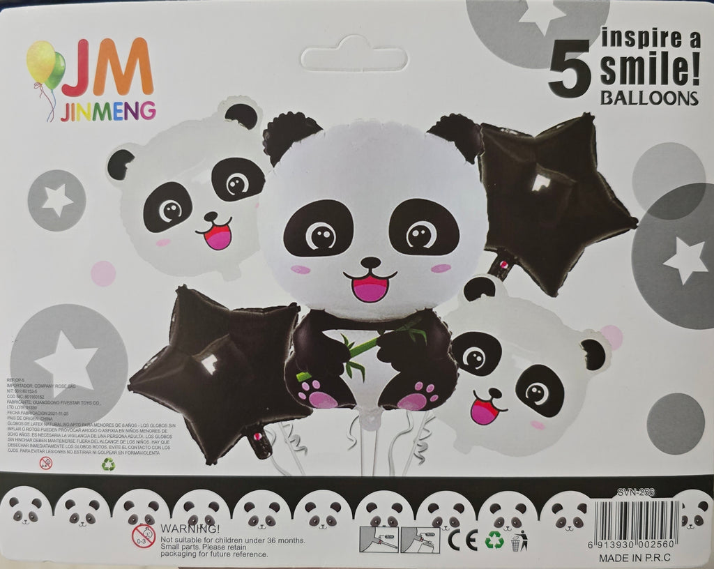 BioCode JINMENG panda-themed party balloon set featuring a large panda, two panda faces, and two black star balloons.