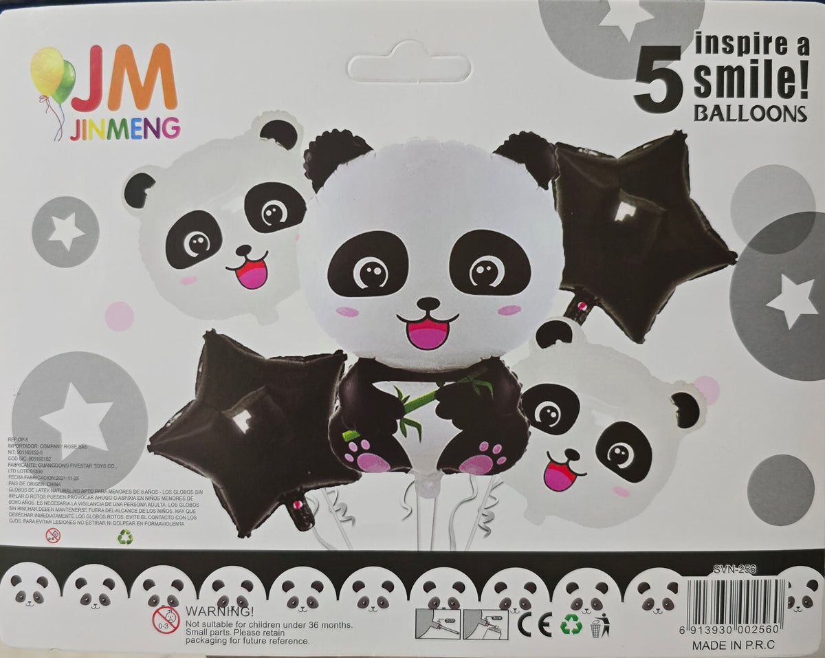 BioCode JINMENG panda-themed party balloon set featuring a large panda, two panda faces, and two black star balloons.