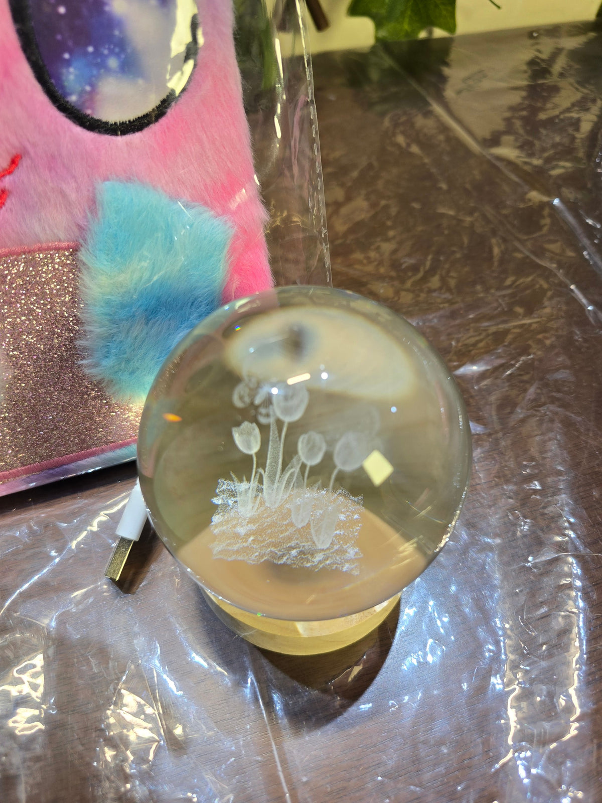 BioCode crystal-style LED light orb with laser-etched floral design next to a plush tie-dye cat notebook