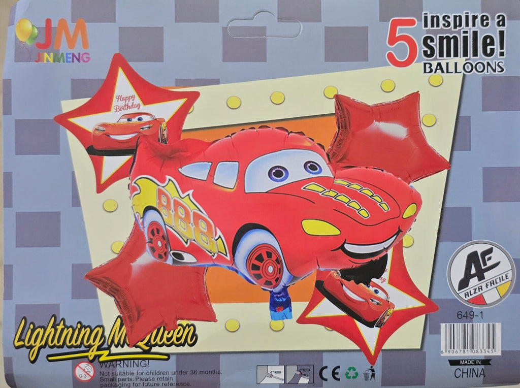 BioCode Lightning McQueen foil balloon set featuring a large red race car and star-shaped birthday balloons.