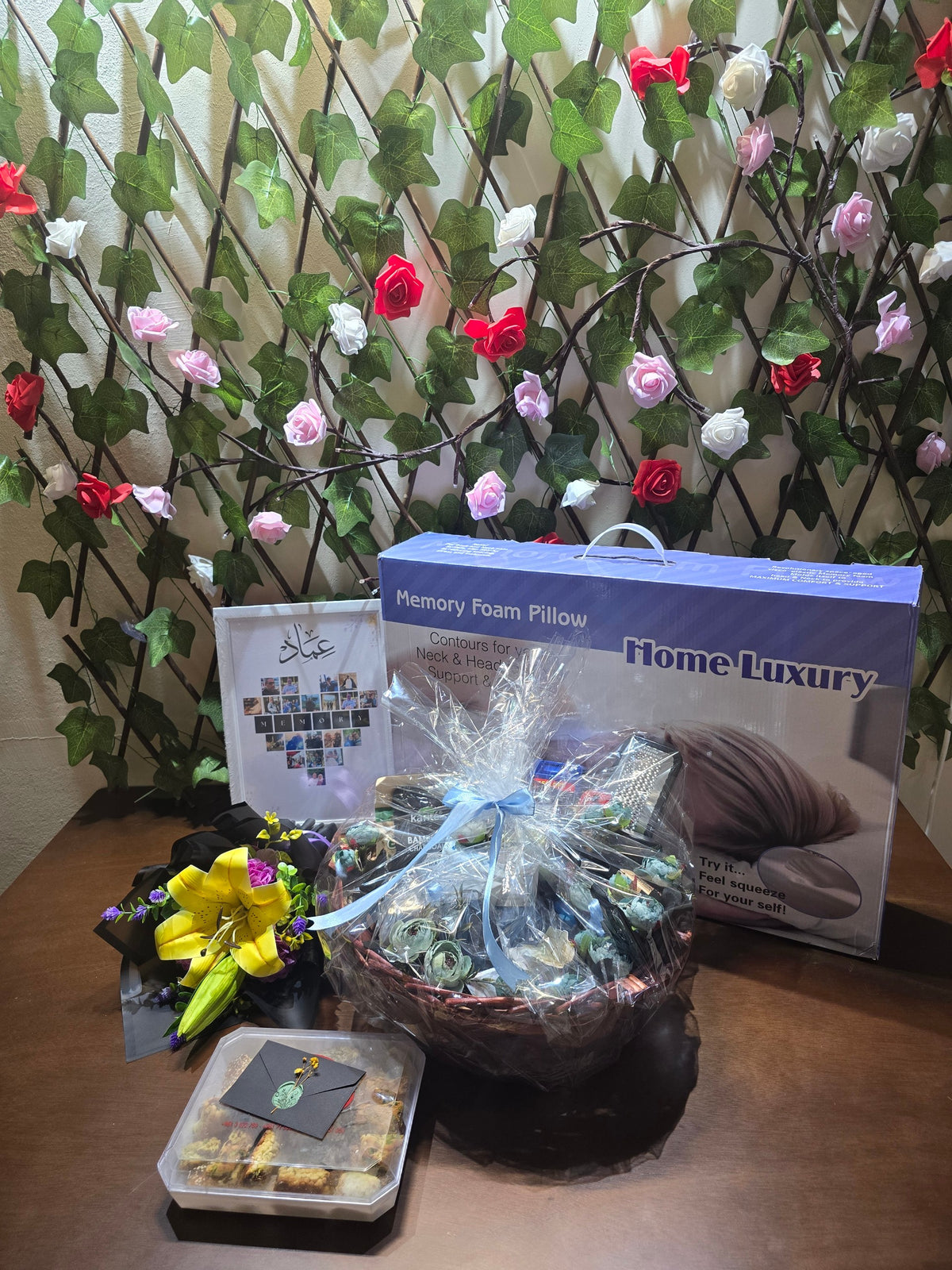 BioCode men's grooming gift hamper featuring a memory foam pillow, shaving set, and accessories in a decorative basket