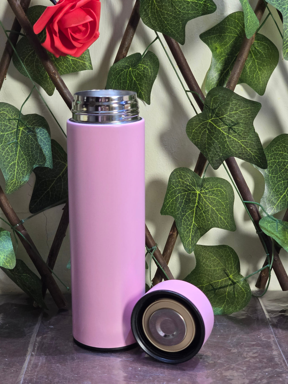 BioCode pastel pink stainless steel insulated water bottle with temperature display lid and tea infuser