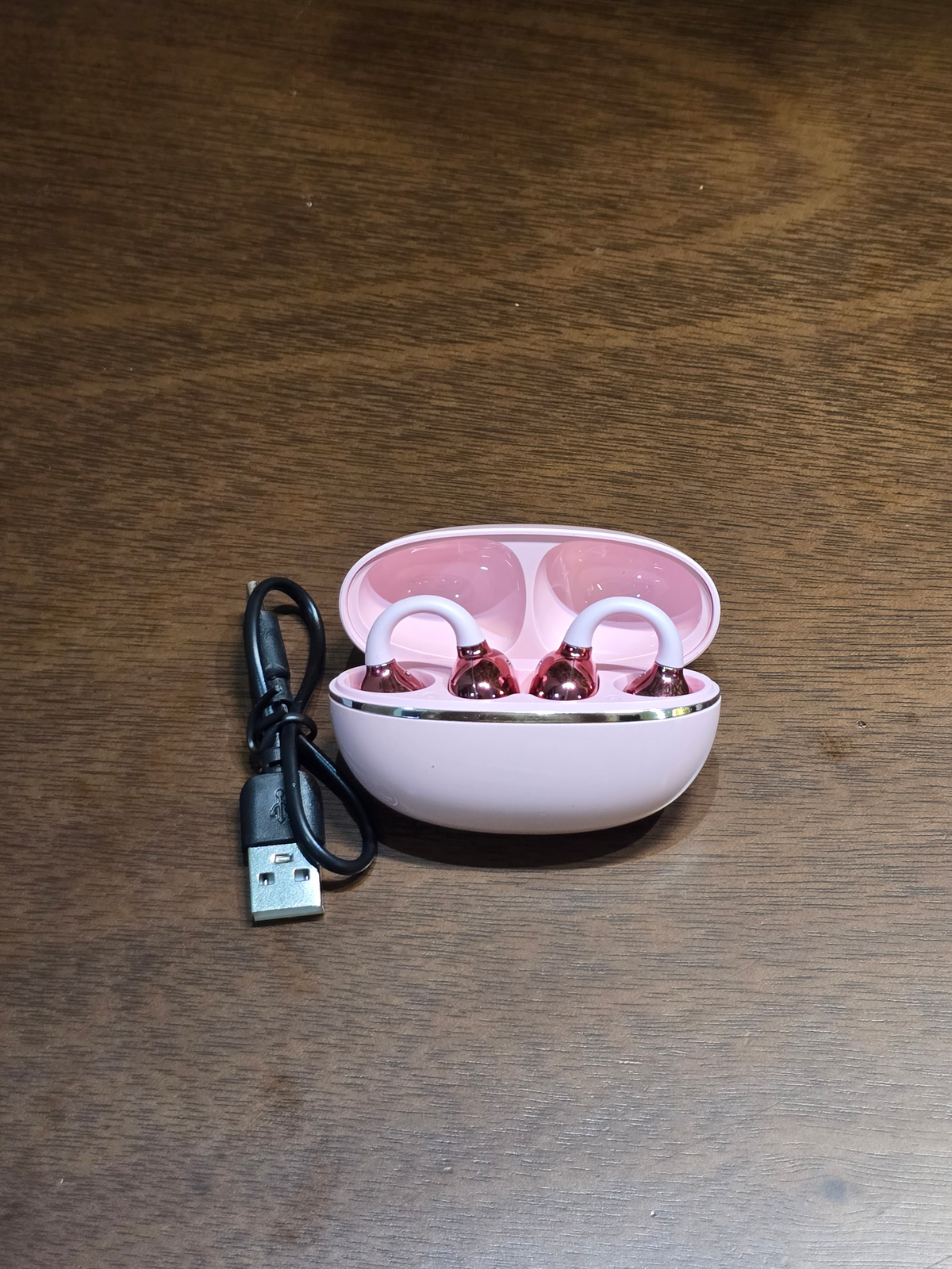 BioCode wireless earbuds in soft pink with rose-gold accents inside a matching charging case with a USB cable