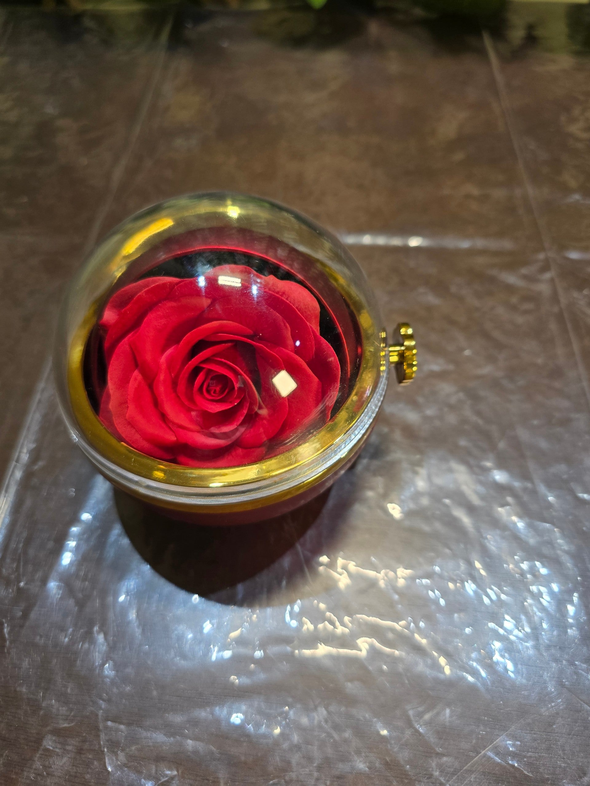 BioCode preserved red rose jewellery gift box with a clear dome lid and gold-tone accents on a dark surface