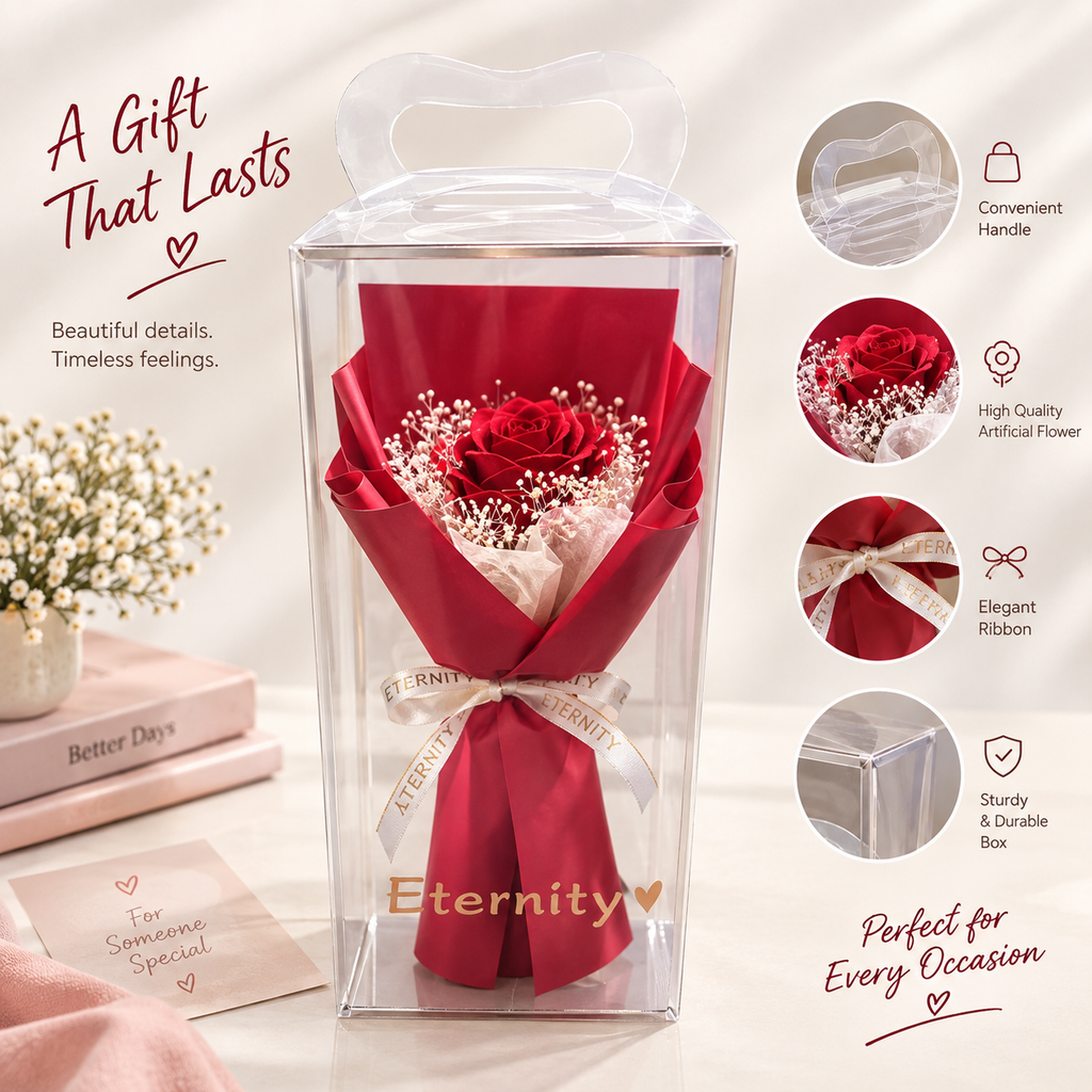 BioCode red artificial eternity rose in a clear display box with ribbon, baby's breath, and a convenient handle.