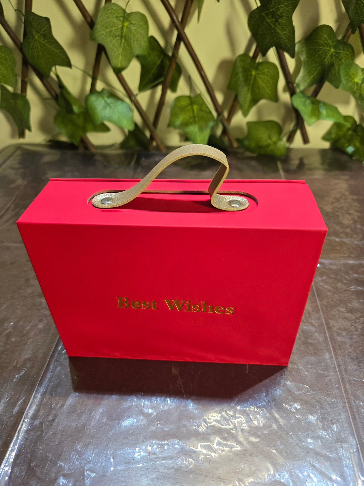 BioCode red gift box with gold Best Wishes text and a tan carry handle, perfect for elegant jewellery presentation.