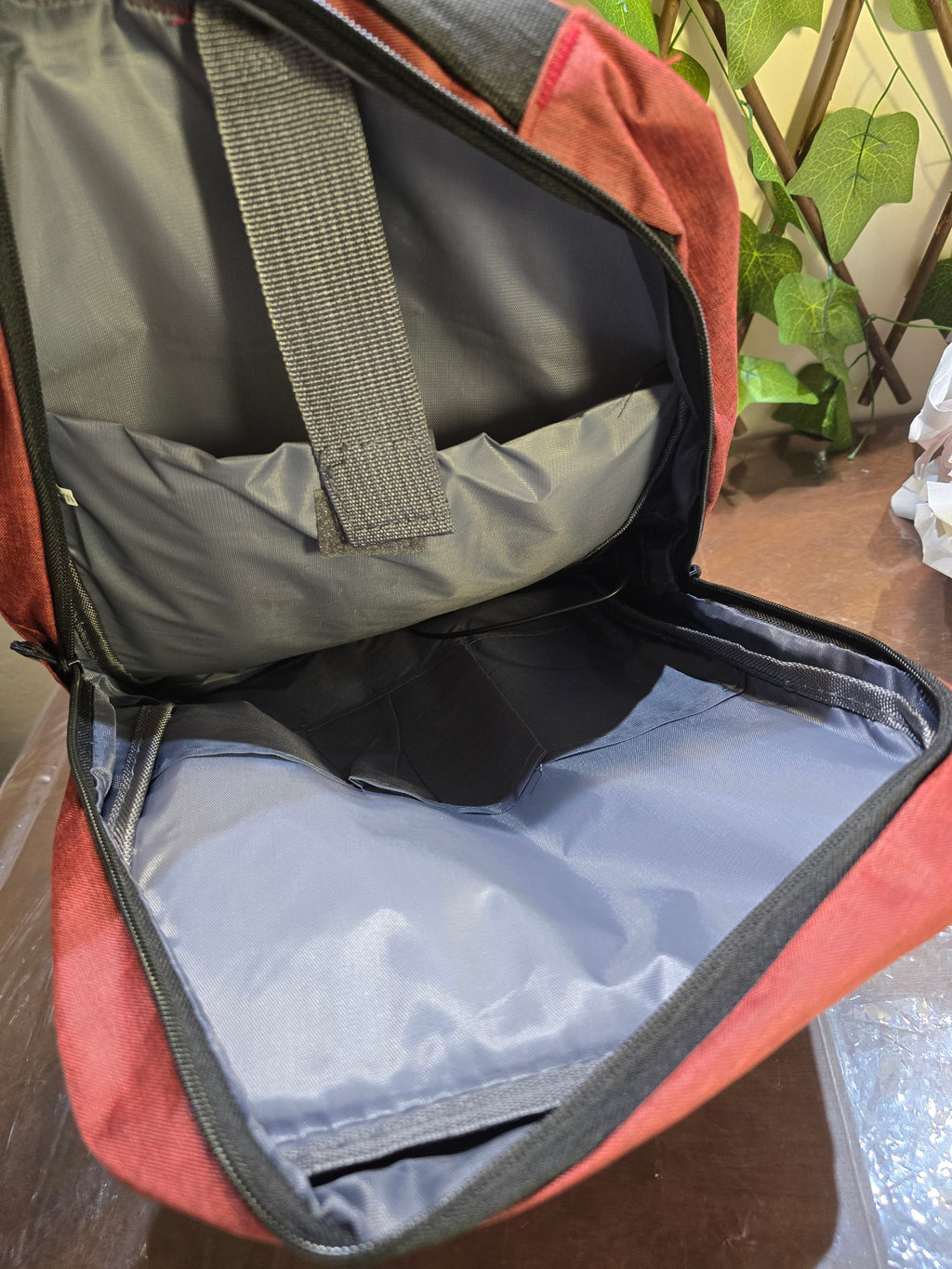 BioCode deep red laptop backpack interior showing a padded laptop sleeve and spacious main compartment