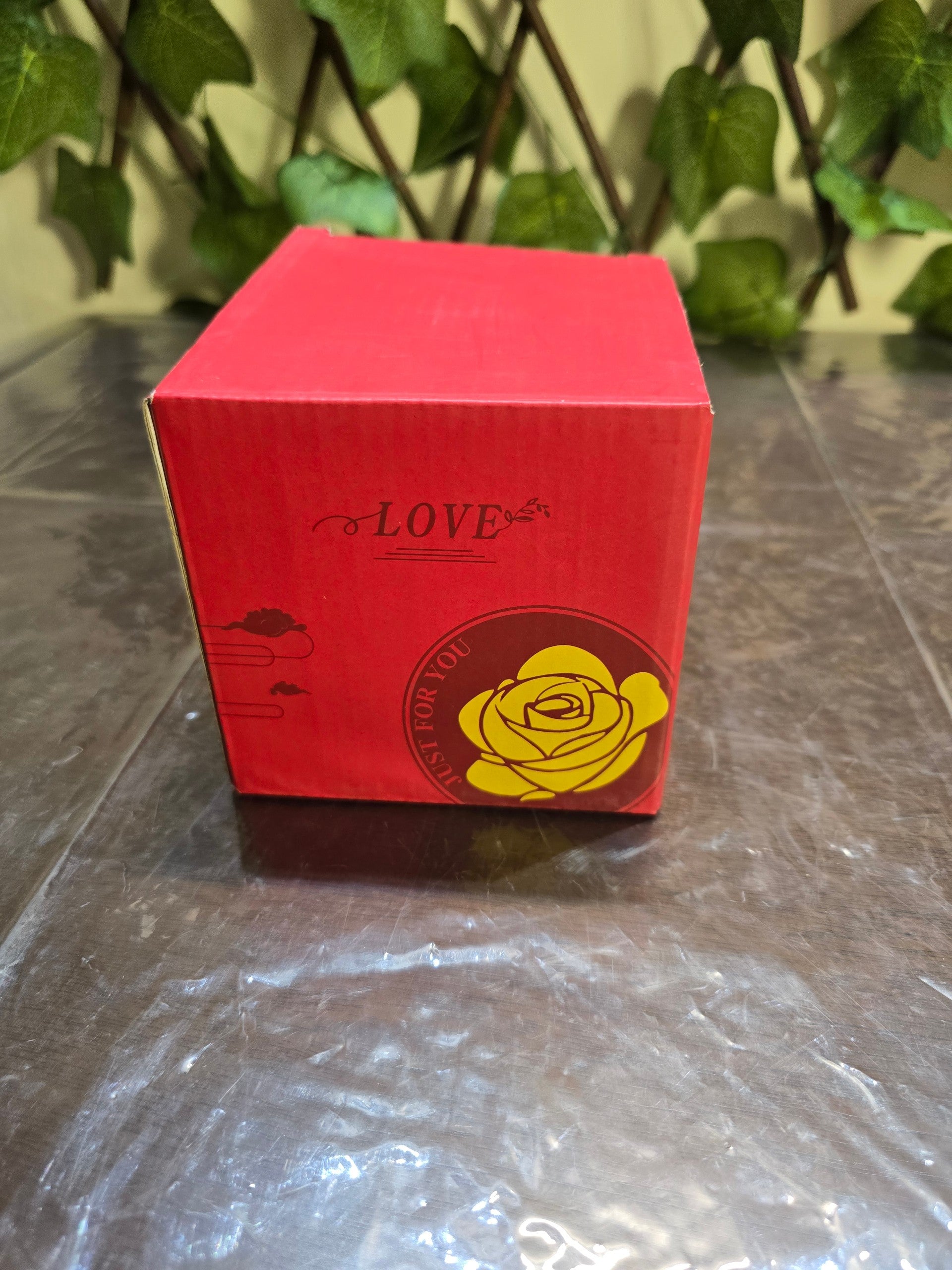 BioCode red gift box for a preserved rose jewellery display featuring a gold rose emblem and Love text on the front