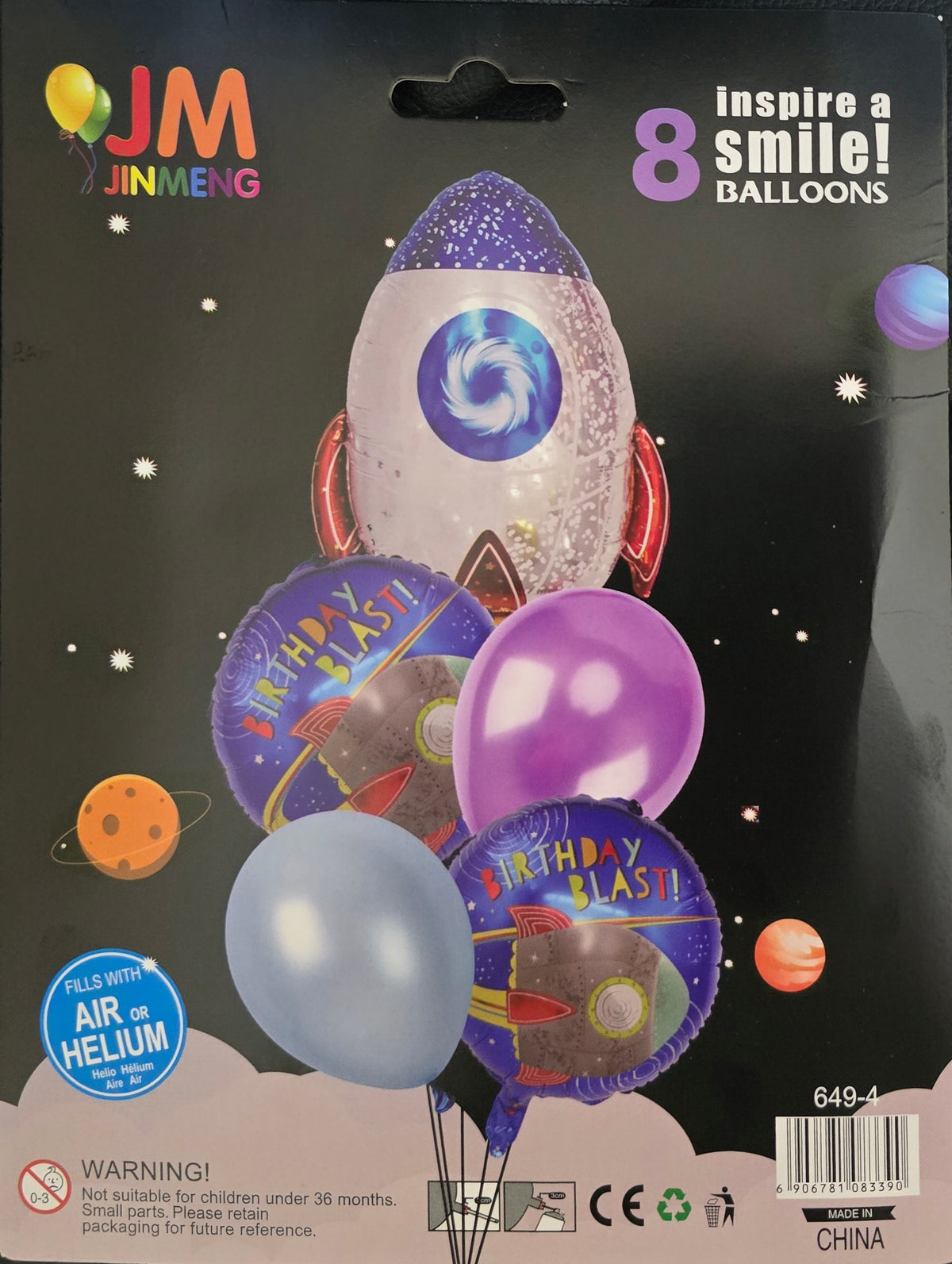 BioCode 8-piece space-themed balloon set featuring a rocket ship foil balloon, Birthday Blast balloons, and latex.