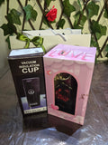 BioCode romantic gift set featuring a vacuum insulated cup box and a preserved rose display case in a gift bag.