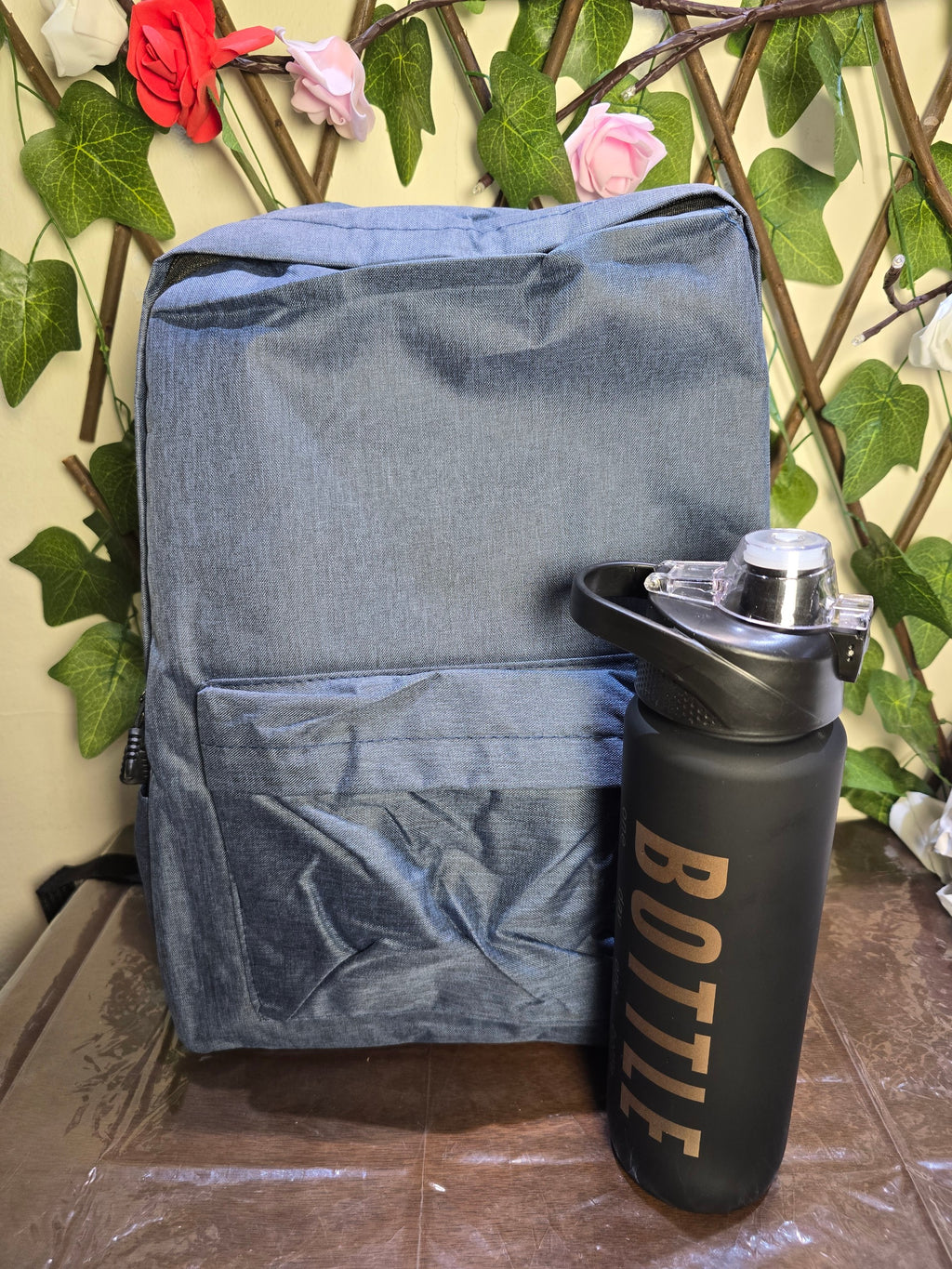 BioCode slate-blue minimalist backpack and matte black 1000ml motivational water bottle set
