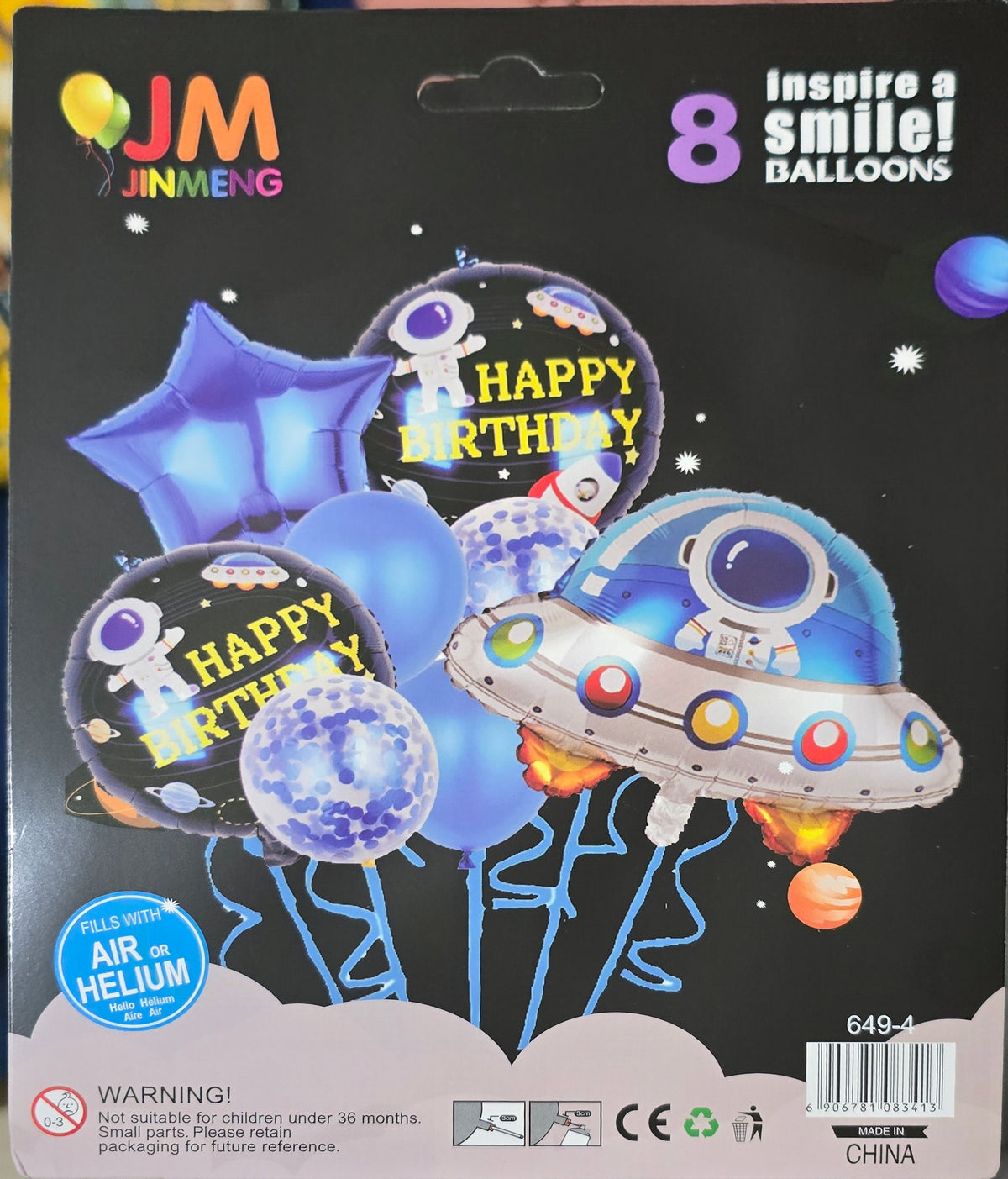 BioCode 8-piece space-themed balloon set featuring astronaut, UFO, and star foil balloons in blue and silver tones.