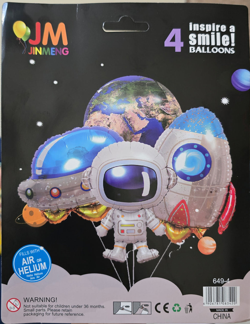 BioCode 4-piece space-themed foil balloon set featuring an astronaut, rocket ship, UFO, and Earth design.