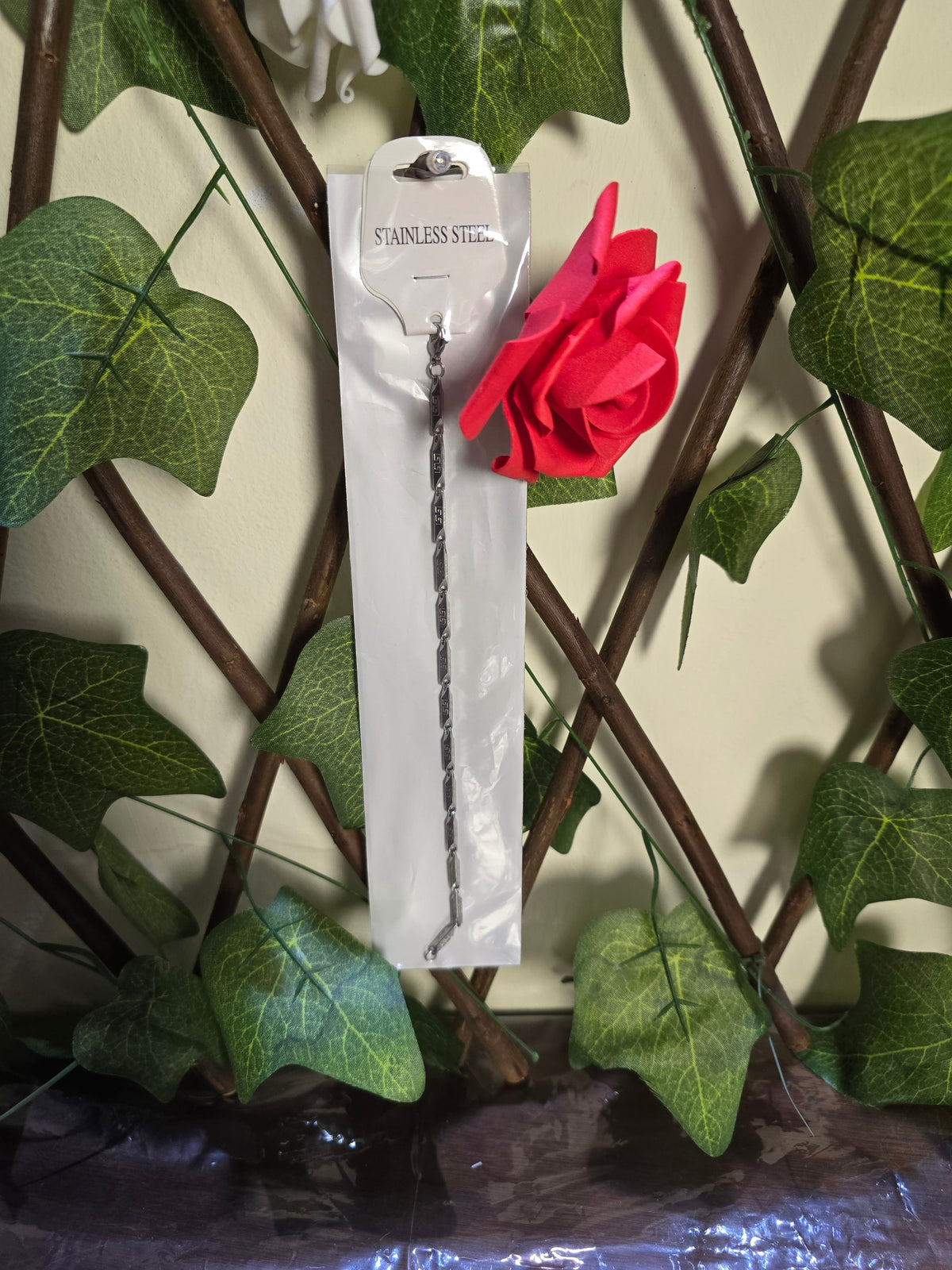 BioCode stainless steel chain necklace in original retail packaging displayed against a decorative ivy trellis