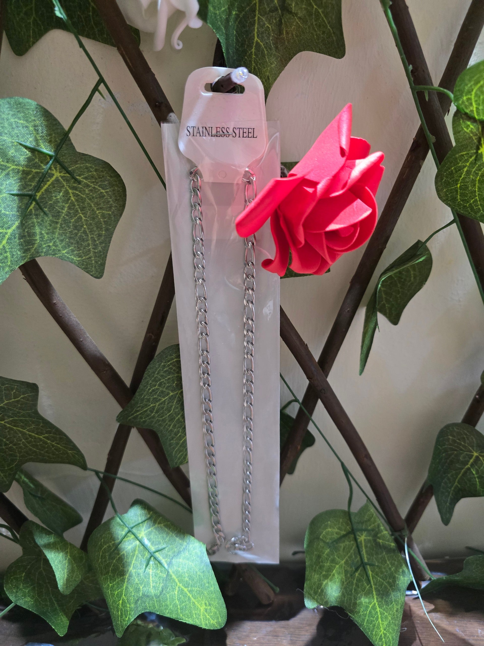 BioCode stainless steel chain necklace in clear plastic packaging with a decorative red rose against a trellis background