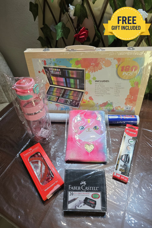 BioCode comprehensive stationery and art supplies set featuring a 180-piece wooden case, plush cat notebook, and tools.