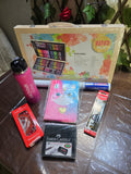 BioCode comprehensive stationery and art supplies set including a 180-piece wooden case, cat notebook, and water bottle.