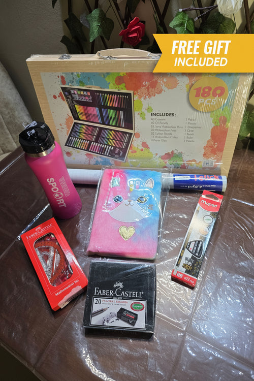 BioCode comprehensive stationery and art supplies set including a 180-piece wooden case, cat notebook, and water bottle.