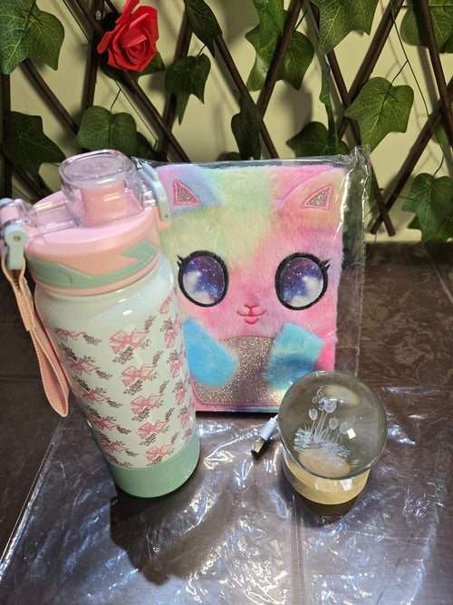 BioCode three-piece gift set featuring a plush tie-dye cat notebook, floral water bottle, and crystal LED light orb.