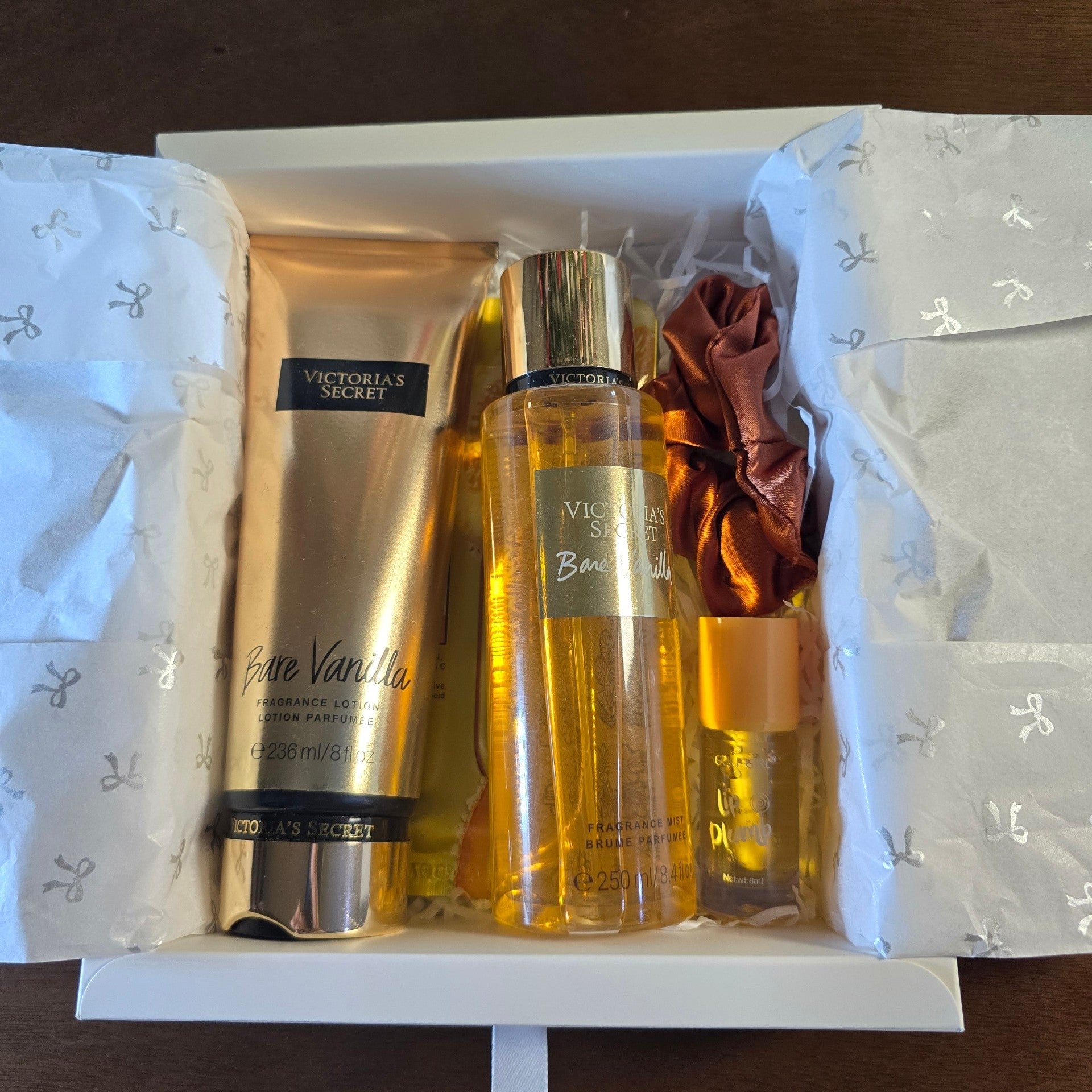 BioCode Victoria's Secret Bare Vanilla gift set with fragrance lotion, body mist, satin scrunchie, and lip plumper.
