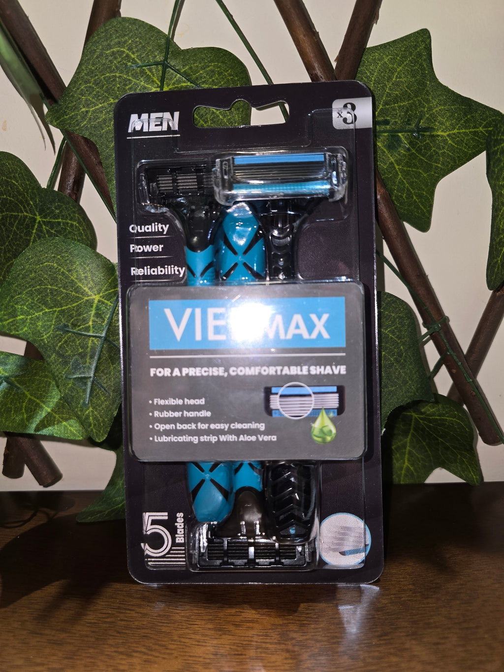 BioCode VieMax men's 5-blade shaving razor set with blue and black rubberised handles in retail packaging