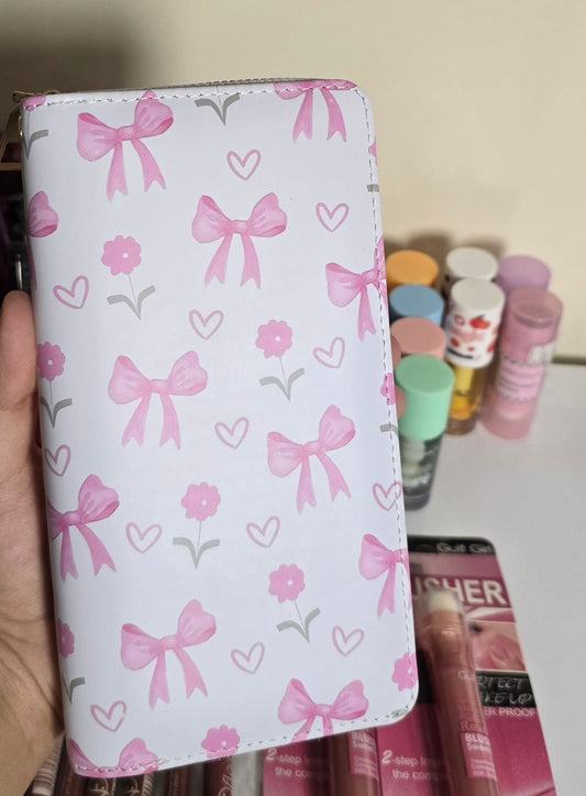 Ultra Slim Thin Women Wallet Rfid Blocking Credit Card Holder Bifold Clutch, Pink Bow, 19 cm L x 10 cm W Cute