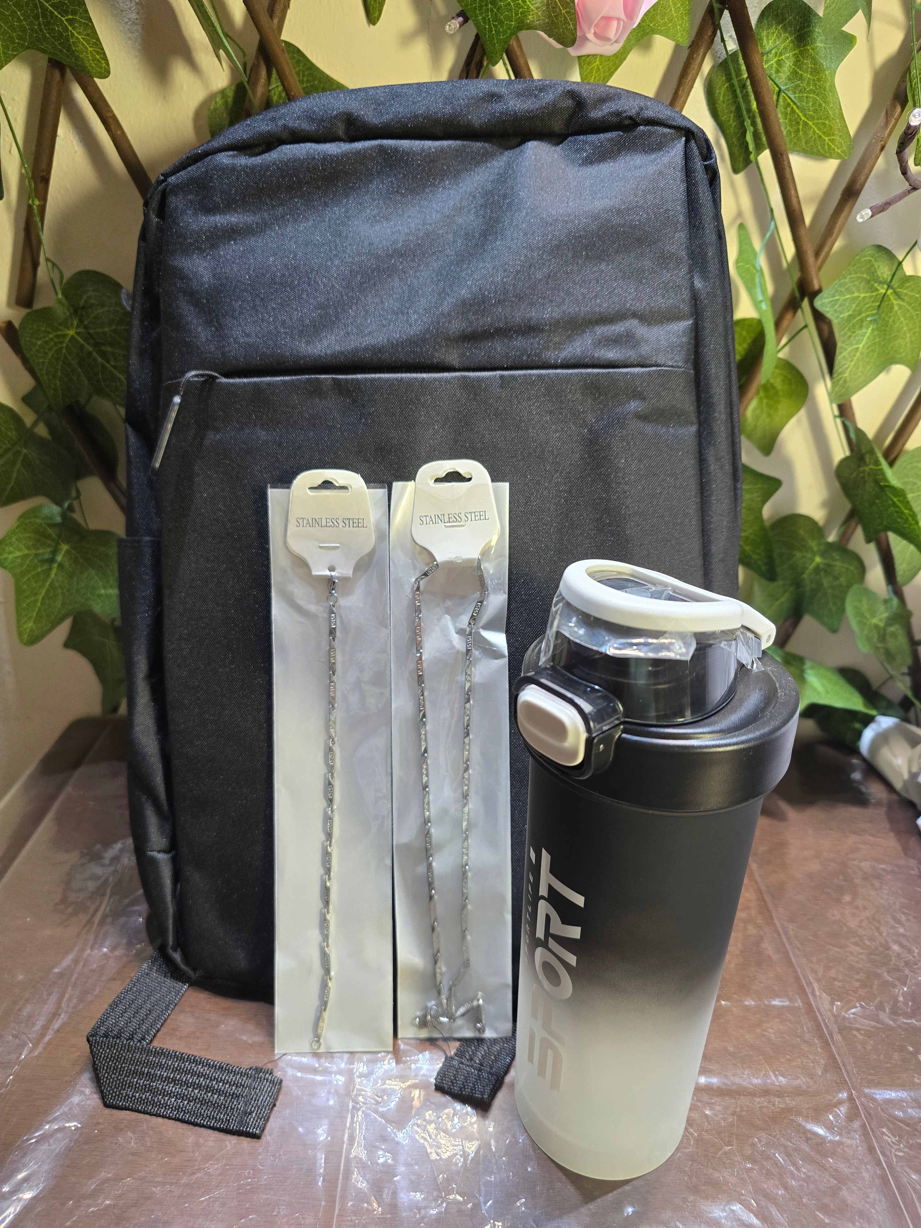 Everyday Laptop Backpack with Sports Bottle and Stainless Steel Jewellery Set