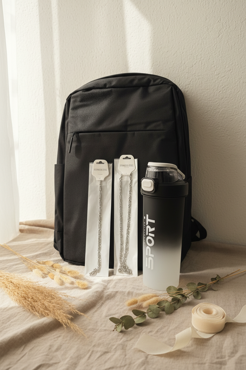 Everyday Laptop Backpack with Sports Bottle and Stainless Steel Jewellery Set