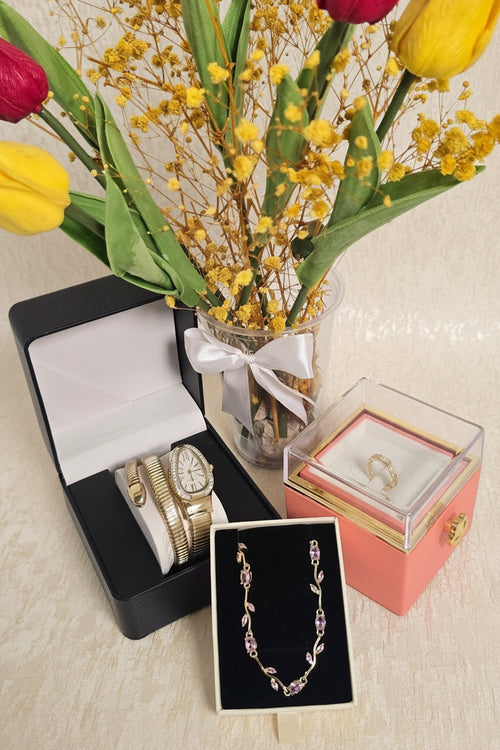 Quartz Hand Watch, Brazilian Gold Tulip Necklace & Ring