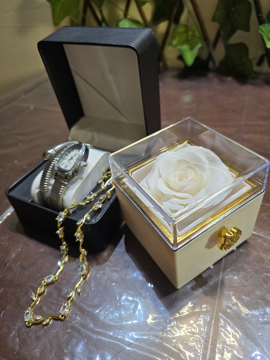 Quartz Hand Watch, Brazilian Gold Tulip Necklace & Ring