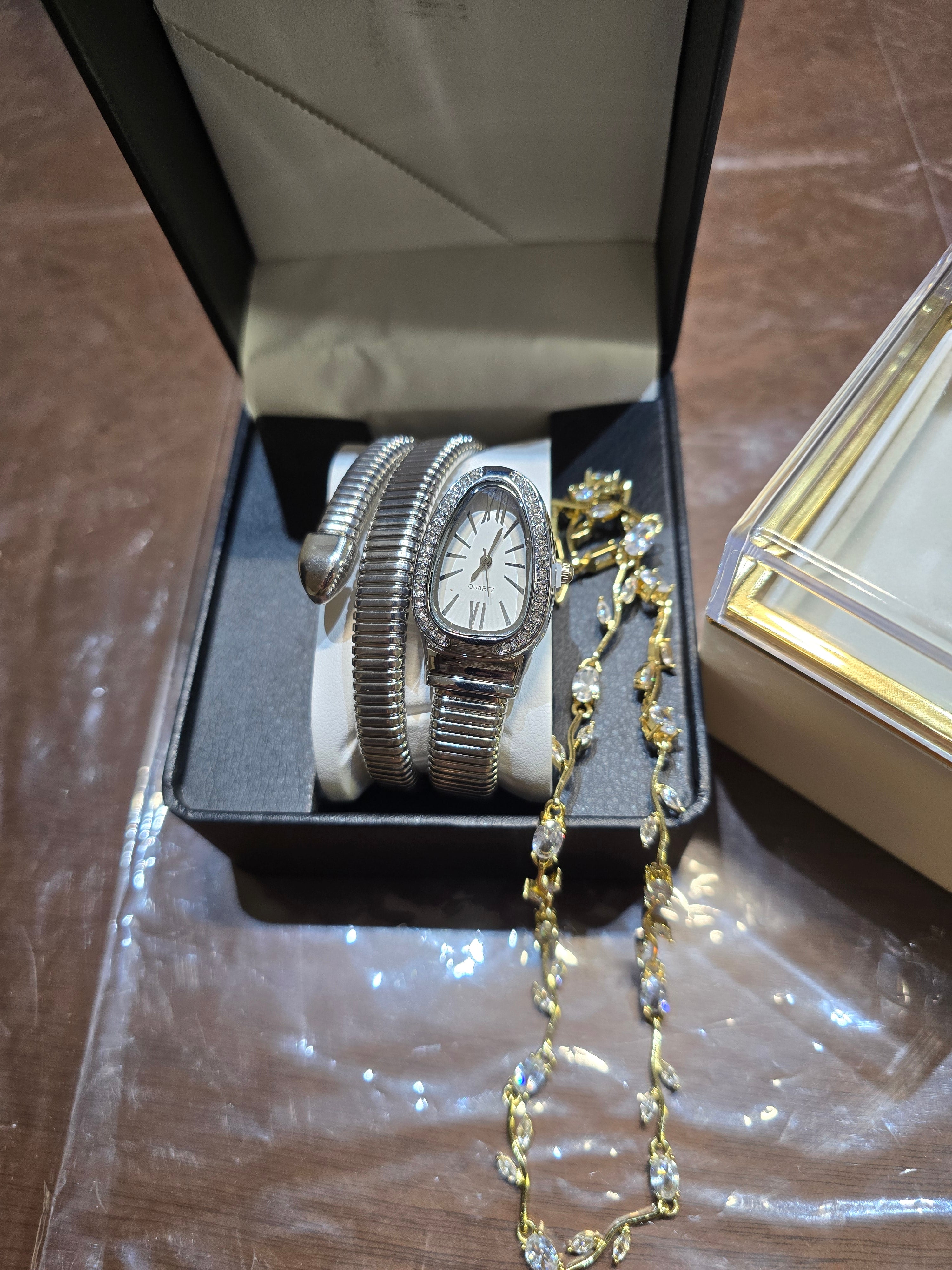 Quartz Hand Watch, Brazilian Gold Tulip Necklace & Ring